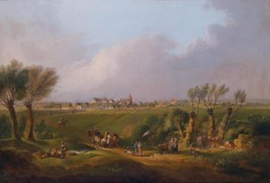 Motief uit het Marchfeld met de plaats Ebenthal op de achtergrond, op de voorgrond de schilder aan de ezel